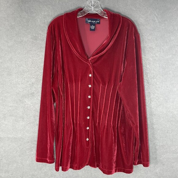 Susan Graver Velvet Tunic Size XL Red Pleated Button Up Blouse Holiday Luxurious - Picture 1 of 12